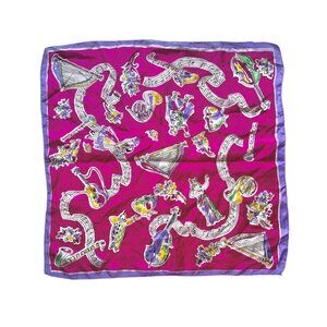Vintage Pure Silk Scarf 17" X 17" Pink & Purple Musical Clown Design